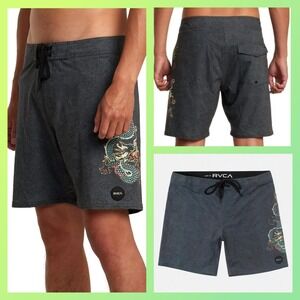 RVCA Gray Neon Dragon Tattoo‎ Art 18" Board Shorts Mens Size 33 4-Way Stretch